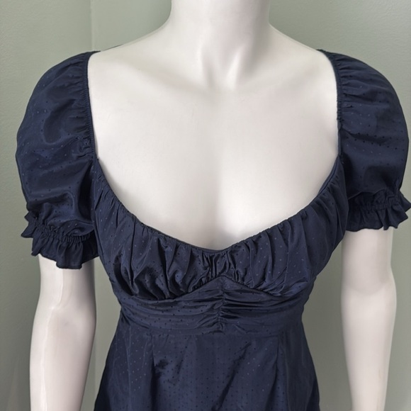 Lucy in the Sky Satin Fit and Flare Puff Sleeve Mini Dress Navy Tie Back XS - Picture 3 of 10